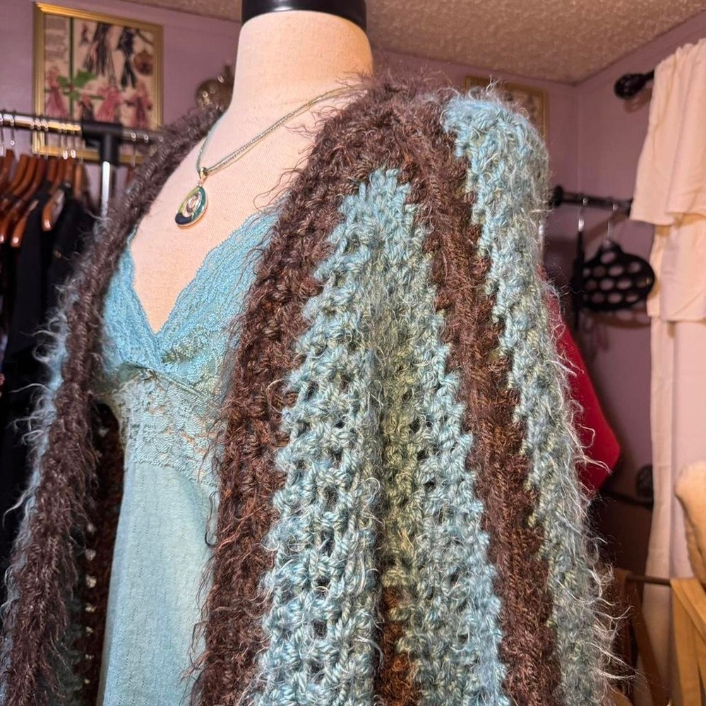 Blue & Brown Fuzzy Striped Cardigan